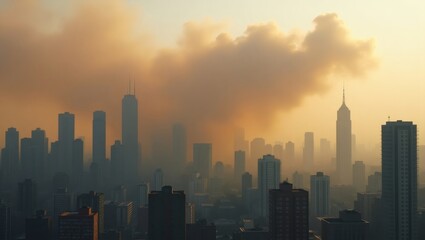 Fototapeta premium Cityscape panorama under an orange sky, featuring buildings, skyscrapers in a city at dusk