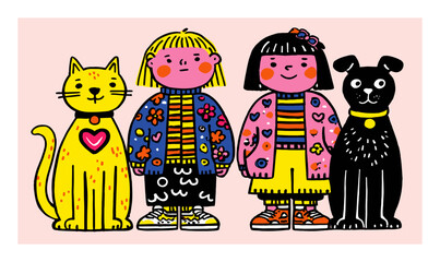 Cute Cartoon Characters with Cats and Dogs in Colorful Vector Style