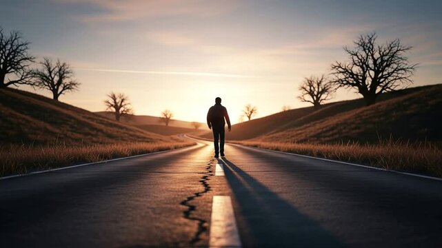 A lone figure walks down a long, cracked road towards a bright sunset, casting a long shadow, with bare trees on rolling hills under a golden sky.