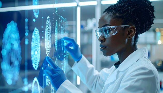 Focused researcher analyzing digital fingerprints on a futuristic screen for cutting-edge biometric security and advanced identification solutions
