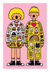 Colorful Vector Art of Two Characters with Diverse Patterns and Expressions