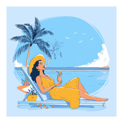 Relaxing Woman in Summer Outfit Enjoying Drink on Beach Lounger