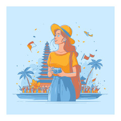 Young Woman with Camera in a Tropical Paradise Background Vector Art