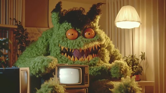 Giant Monster Sitting on Couch, Selling TV Advertisements on Old TV in 80s.