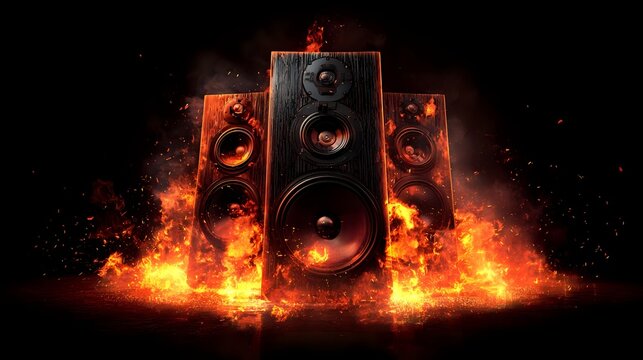 Complete sound system with dual tower speakers and central subwoofer engulfed in roaring flames, glowing heat and sparks against pure black background