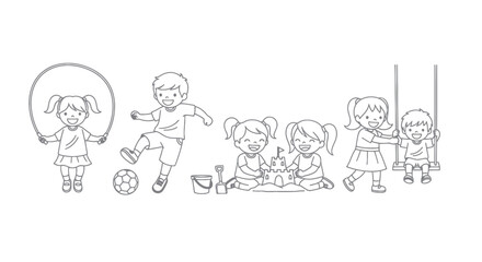 Children Playing: Skipping Rope Soccer Sandcastle and Swing Set Illustration.