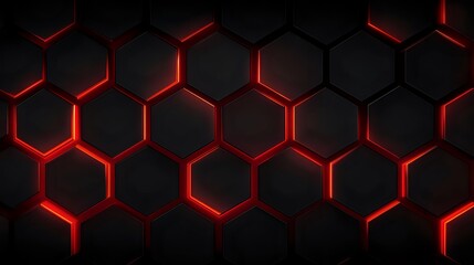 Dark abstract background with 3D hexagon honeycomb pattern and glowing red neon edges, seamless tile layout