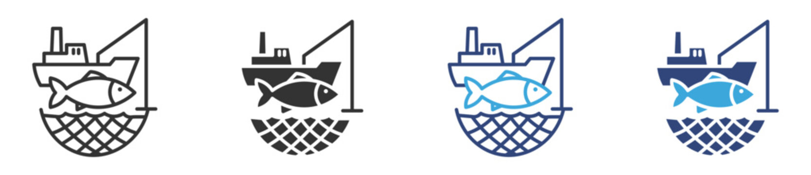 Industrial fishing icon set,  fishery boat and fishes , vector illustration . 