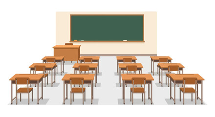 Empty Classroom with Wooden Furniture and Chalkboard.