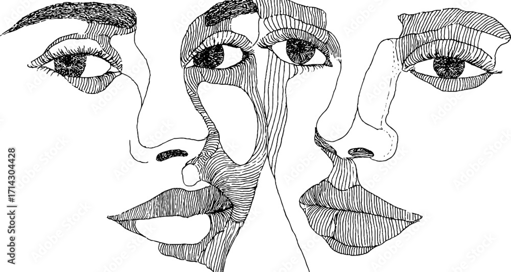 Aufkleber abstract black and white line art illustration of faces with unique patterns for creative design pro