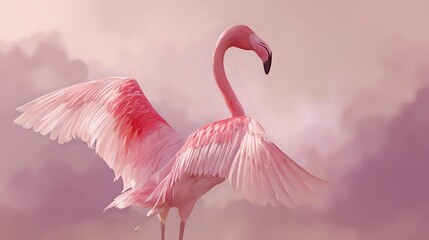 Fototapeta premium Flamingo lifting wing in a stylized thumbs up gesture, pink tones softly diffused