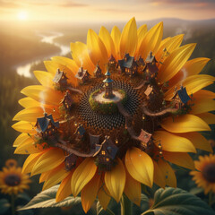 Tiny village with houses and streets built inside petals of gigantic sunflower. Glowing golden sunset light, magical miniature world.