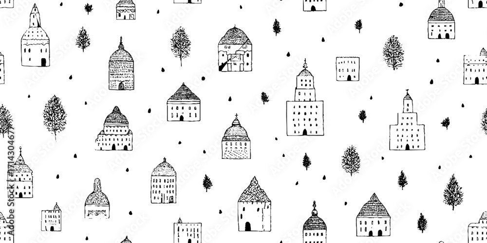 Poster charming black and white line art of abstract buildings and trees pattern for design