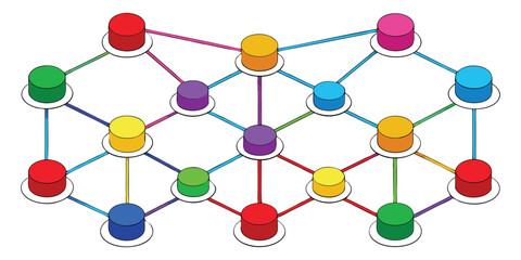 Colorful Network of Connected Cylinders. These vector pictograms of a network, connection, communication, technology, modern, networking, illustration. 