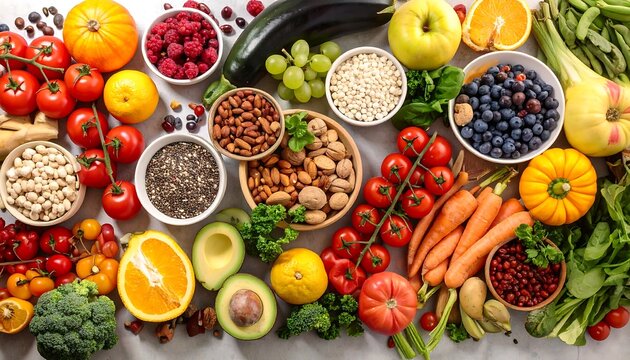 Colorful assortment of fresh produce and healthy foods