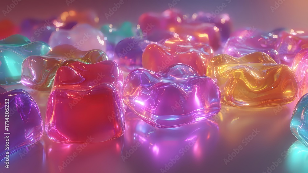Poster glowing jelly shapes wobbling on glossy surface in a vibrant colored loop