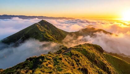 Mountaintop sunrise through clouds
