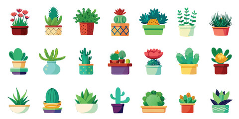 Potted Succulent and Cactus Plants In Various Pots. These vector pictograms of an orange, pink, brown, blue, patterned, decorative, home decor, indoor plant, garden, illustration.