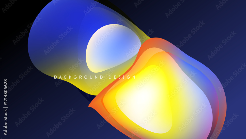 Poster abstract design features flowing shapes, vibrant colors. blue, red, yellow gradients create dynamic 