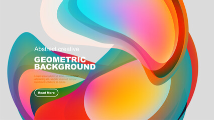 Vibrant abstract shapes overlap, creating dynamic colorful background. Text elements present design details, inviting further exploration.