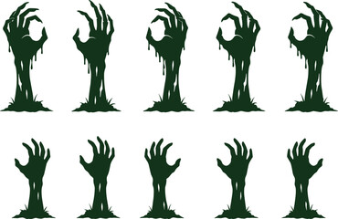 Creepy zombie hands rising from ground silhouette set, Halloween horror undead illustration for spooky decoration or scary graphic design