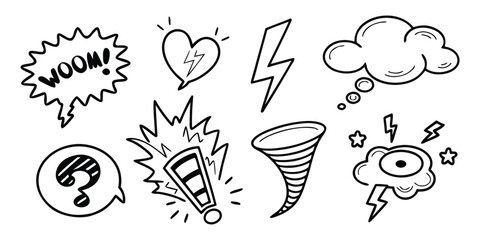 Hand-drawn doodle Icons of Speech Bubbles, Lightning Bolts, and Tornado comic explosion illustration. 