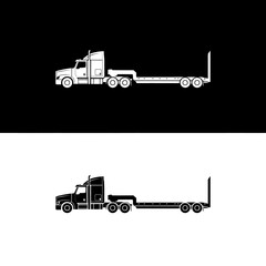 A detailed silhouette of a heavy-duty semi-truck with a lowboy flatbed trailer, presented as a black and white vector illustration for logistics and transportation
