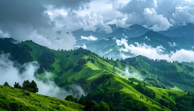 Lush green mountain valley shrouded in mist