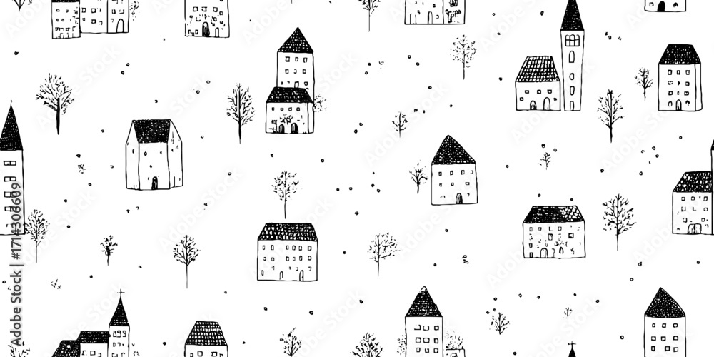 Poster black and white line art of churches and trees pattern for design projects