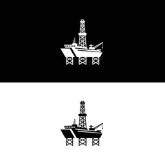 Offshore oil rig illustration, black and white, on a black and white background
