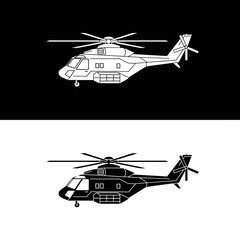 Vector illustration of a modern helicopter, black and white depiction