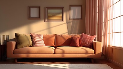Minimalist living room with soft cushions, warm colors and relaxing sunset lighting