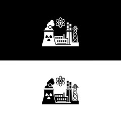 Industrial power plant icon featuring cooling towers and atomic symbol, representing nuclear energy and industry