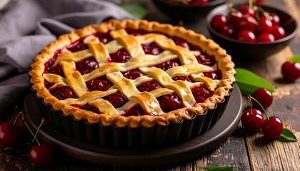 Delicious cherry pie on a wooden table