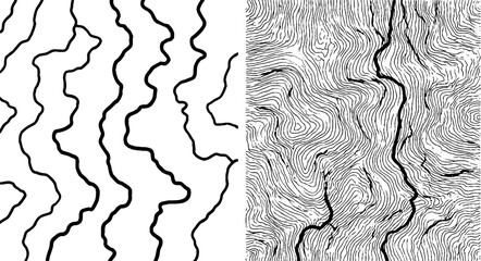 Intricate black and white line art with wavy patterns - abstract design for wall decor