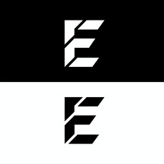 Modern, geometric 'E' logo design in white on black background and black on white background, abstract lettermark concept