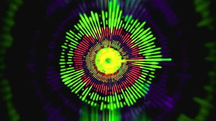 Abstract vibrant neon radial sound wave music visualizer equalizer display energy flow design pattern bright light audio frequency spectrum graphic art - Powered by Adobe