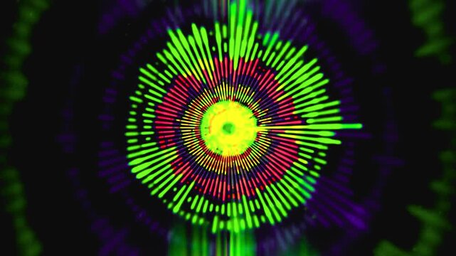 Abstract vibrant neon radial sound wave music visualizer equalizer display energy flow design pattern bright light audio frequency spectrum graphic art