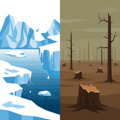 Climate Change Impact Ice Caps Melting and Deforestation