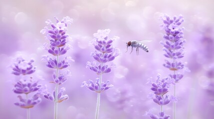 Obraz premium Lavender Field with Hoverfly: Serene Purple Floral Composition, Soft Focus.