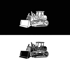 Heavy-duty bulldozer or earthmover in black and white silhouette, symbolizing construction, industry, and powerful machinery