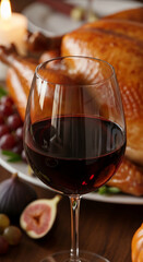 Naklejka premium Close-up of red wine glass, roasted turkey, grapes, and figs, suggesting Thanksgiving dinner, representing celebration, family, and autumnal warmth