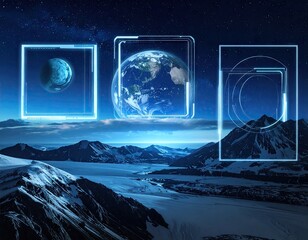 Glowing Neon Metaverse Trading Floor with Planetary Holograms