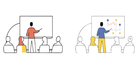 Two presentation scenes with speakers and audiences. These vector pictograms of a showing different diagrams, meetings, lectures, classrooms, training, discussions, learning, education illustration.