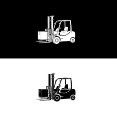 Sleek black and white graphic illustration of an industrial forklift actively transporting a cargo box, embodying modern logistics and efficient warehouse operations