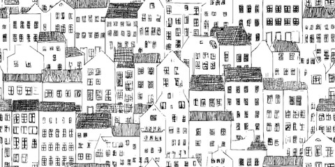 Intricate black and white line art of house facade - urban architecture pattern for decor and design