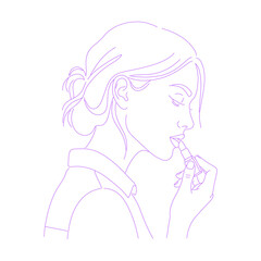 Line art illustration of a woman applying lipstick.