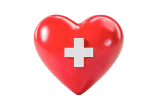 Red heart with medical cross, isolated on white background