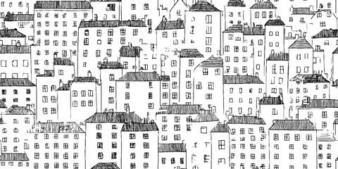 Minimalist black and white line art of urban cityscape with buildings and windows