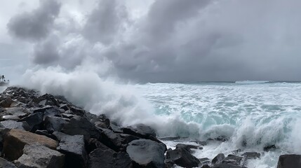 Obraz premium Waves crashing against the rocks on the shore during a cloudy day